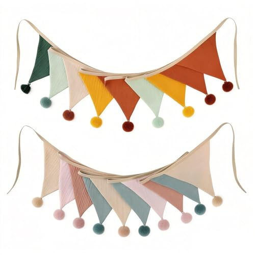 2 Pièces Fanions Guirlande, Multicolore Guirlande en Tissu de 2,6M Guirlandes de Fanions pour Chambre d'enfant Bannière de Drapeau à Suspendre pour Baby Shower Décorations Mariage Fête Jardin (Pompon)