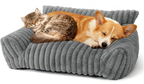 DOLLGIFT Cat Sofa Beds for indoor Cats - 76x50cm, Cat Couch with Removable Machine Washable Cover, Fluffy Faux Rabbit Fur Pet Sofa for Cats Small Dog Puppy Kitten, Grey M