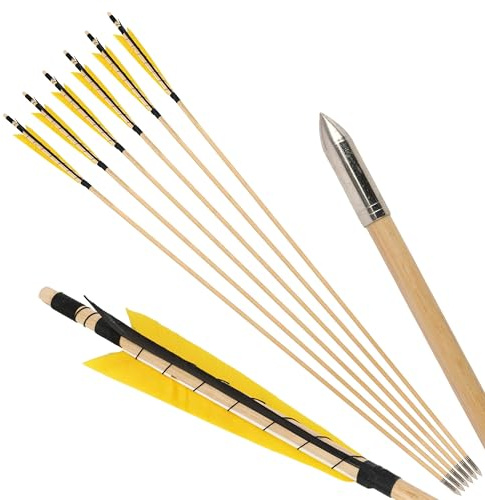 surwolf 31 Frecce in Legno,realizzate a Mano in Modo Tradizionale con Piuma di Tacchino da 5”,Asta in Legno da OD 8mm,frecce da Caccia per Arco Lungo/ricurvo