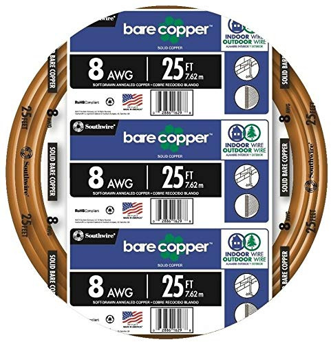 Southwire 8-Gauge Bare Copper Wire – Solid Soft‑Drawn Uninsulated Copper Conductor for Grounding & Electrical Applications, 25ft
