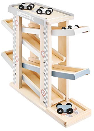 Mamabrum Holz-Kaskadenbahn – Laufbahn mit 4 Autos, Motorikspielzeug für Kinder ab 2 Jahren, Montessori Spielzeug