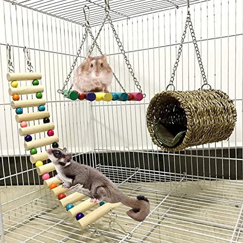 AMOMYDOG Hámster Juguete, 3 Piezas Hamster Accesorios Madera Natural, Escalera Columpio Hamaca Colgante para Columpiar Masticar Trepar y Dormir para Mascotas Pequeñas Hámster Rata Jerbos Cobayas Loro