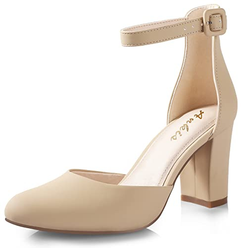 Ankis Nude Nubuck 3 Inch Block Heel Pumps for Women - Classic Chunky Heels with Adjustable Ankle Strap, Perfect for Wedding and All Occasions