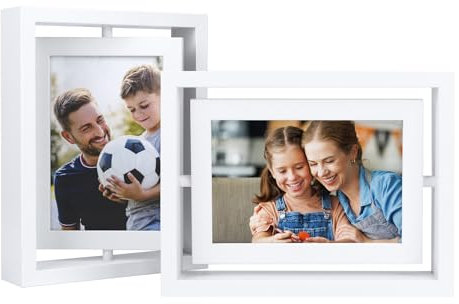 EXYGLO 2er-Set 360°Drehbare Bilderrahmen 10x15 cm mit Doppelglas, Weiß Fotorahmen Holz Rahmen für Vertikale oder Horizontale Anzeige auf dem Tisch