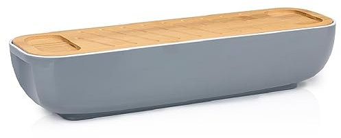 alpina Contenitore per il pane con coperchio/tagliere in bambù, manici, 40 x 12,2 x 8,5 cm, grigio