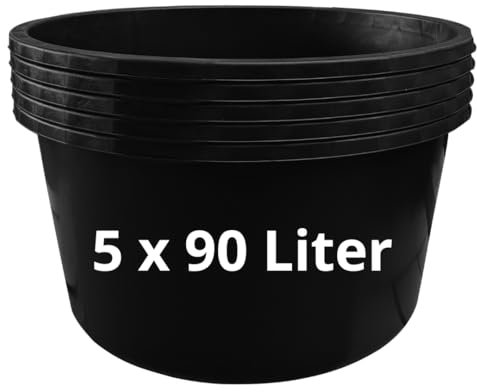 Mörtelkästen 65-90 liter | Mörtelkübel rund oder eckig | Kunstoff-Wannen in Markenqualität | Pflanzkübel für Hochbeet (5 x 90l rund)