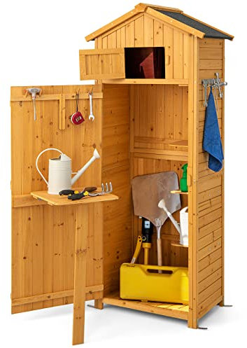 GYMAX Casetta da Giardino, Armadio in Legno con Anta e Scaffali per Porta Attrezzi da Giardino, 75 x 50 x 180,5 cm (Stile 2)