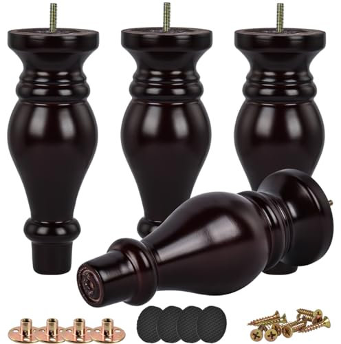 Btowin Gambe per mobili in legno massello, 18 cm, 4 pezzi, piedini moderni in noce tornito con bulloni filettati M8, piastra di montaggio e viti, per divano, armadio, poltrona reclinabile
