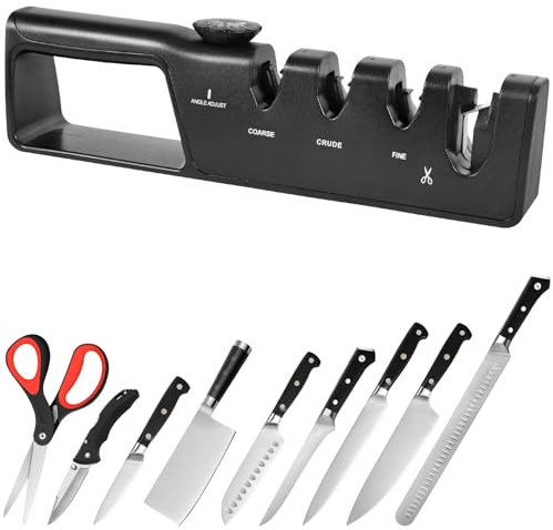 ROELLY Messerschärfer, Multifunktionaler Knife Sharpener, 4-in-1-Messer Schärfen Mit 6-Stufig Verstellbarem Schleifknopf, Mit Scherenschleifmund, Ergonomisch (Schwarz)