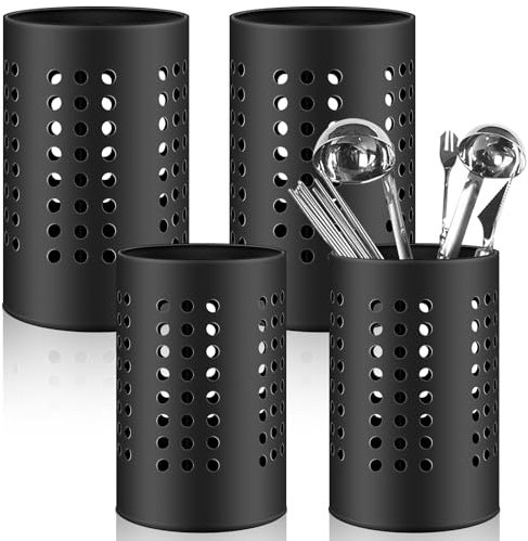 Molbory Lot de 2 porte-ustensiles de cuisine noirs - 18 x 12 cm et 16 x 10 cm - Égouttoir à couverts - Organisateur d'ustensiles de cuisine en acier inoxydable - Porte-cuillère de cuisine rond