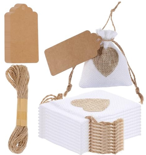 10PCS Small Drawstring Bag 10x8cm Heart Burlap Bags Gift with Drawstring and Gift Tags & String, Reusable Linen Burlap Sack for Wedding Favors Party Jewelry Pouches Christmas Coffee DIY Craft(White)