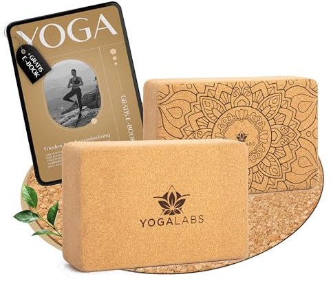 YOGALABS® Premium 2er Set Yoga Block (22,5x15,0x7,5) aus nachhaltigem Natur-Kork hautfreundlich - Yogablock & Meditation Zubehör für Rücken, Streching & Sitzen rutschfest - Yoga-Blöcke schadstofffrei