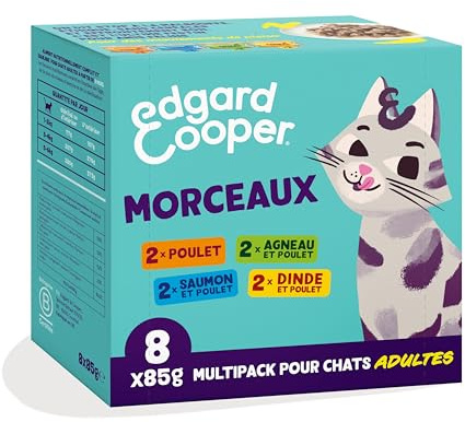 Edgard & Cooper pâtée chat en sauce Multipack 4 saveurs (8 x 85g, Poulet/Saumon/Dinde/Agneau), pour chats stérilisés ou actifs, ingrédients naturels