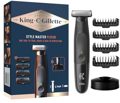 King C. Gillette Style Master Barttrimmer für Männer mit CenterCut Technologie, Trimmen, Rasieren und Optimal Kanten Schneiden, Wasserdicht, Kabelloser Bartrasierer mit 4 Kammaufsätzen und Ladestation