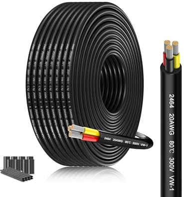 20 Gauge 3 Core Wire | Oxygen-Free Stranded Copper 0.5mm²×3 | Extra-Long 15M/49.2FT Cable | 5V-240V Heat-Resistant for Garden Lighting, Marine Electronics & DIY Projects