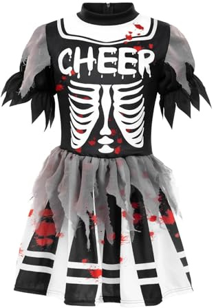 NebulaGlam Costume Cheerleader Halloween, Costume Zombie Bambina, Abito Zombie Bambina con Abito da Cheerleader, Pompon e Calzini Alti, per Carnevale,Carnevali e Feste a Tema,Halloween (XL)