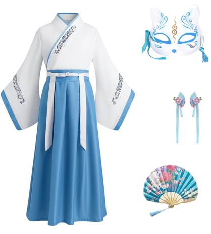 CRFASIBE Hanfu-dräkter för barn, traditionella kinesiska kläder för flickor, kinesiska kulturella kläder, kinesisk cosplay-kostym med hårtillbehör, Ljusblå, 150