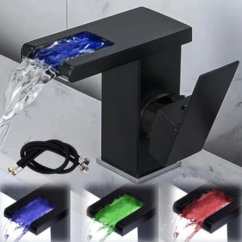 Grifo de baño con luces LED, color negro, grifo de cascada, grifo de lavabo de 3 colores, grifo de agua caliente y fría, grifo monomando moderno para baño (tubos de 60 cm incluidos)