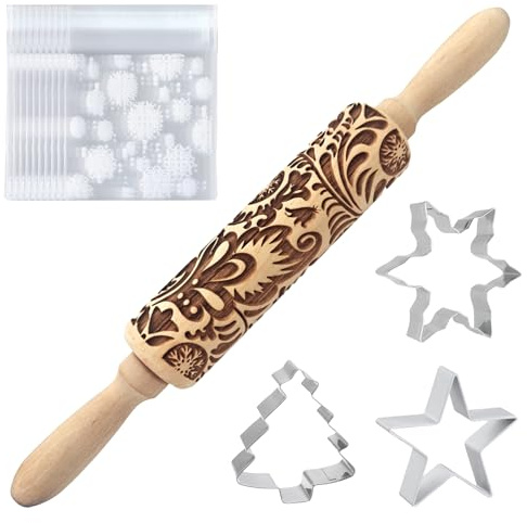 Set di Stampi per Mattarelli Natalizi,Mattarello di Natale,Formine Natale,Mattarello Inciso,Stampi Biscotti Natale,Legno,per DIY,Impasto