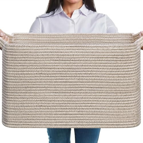 JOJOSEE Faltbarer Wäschekorb, 63L Große Wäschesammler, Laundry Baskets aus Baumwolle, Geflochten Aufbewahrungskorb mit Henkel für Decken, Kleidung, Kuscheltier, Spielzeug, Braun