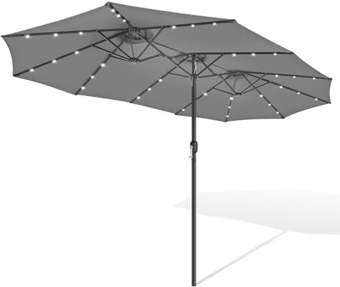 Fogmiea Sonnenschirm mit LED 375 x 197cm,Marktschirm,Doppelsonnenschirm,Gartenschirm,UV-Schutz bis UPF 50+,mit Kurbel,Garten,Balkon,Outdoor,ohne Ständer,Anthrazit