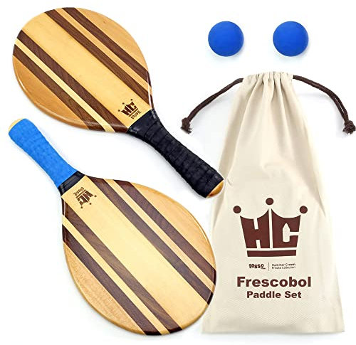 Frescobol Paddelball-Set (Strandstreifen) – mit 2 Paddeln, 2 Bällen und Tasche mit Kordelzug aus Segeltuch
