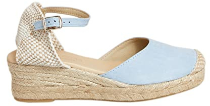 No es lo mismo – Espadrille – sandaler av jute med kilklack för kvinnor | platåskor 3 remmar Espadrille spänne | stängd sko spets | Färg: Sandfärg, grön, rosa, marinblå och mer, - Aquamarine - 35 EU