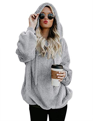 iWoo Teddy Fleece Sweatshirts Womens Casual Double Fuzzy Fluffy Hoodie Solid Color Warm Stylish 1/4 Zip Pullover with Pockets