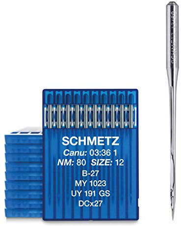 SCHMETZ | 100 Industrienähmaschinennadeln | Rundkolben | B-27, MY 1023, UY 191 GS, DCX27 und RIM 27 | Nadeldicke 80/12 | Hinweis: Überprüfen Sie das empfohlene Nadelsystem in der Bedienungsanleitung