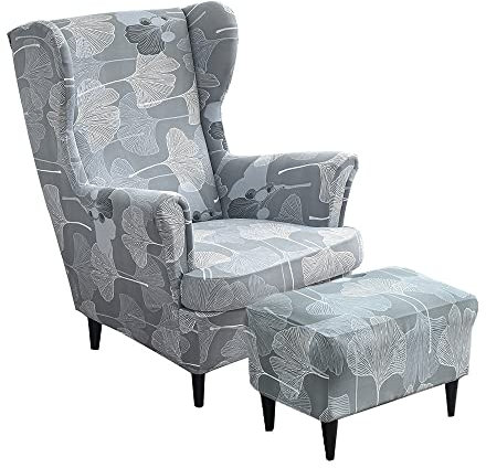 Highdi 2 Teilig Ohrensessel Überzug Mit Ottomane Schonbezug, Sessel-Überwürfe Ohrensessel Schonbezüge Bezug Sesselhusse Stretch Tiger Stuhlbezug mit Armlehne Hohe Rückenlehne (Ginkgo biloba)