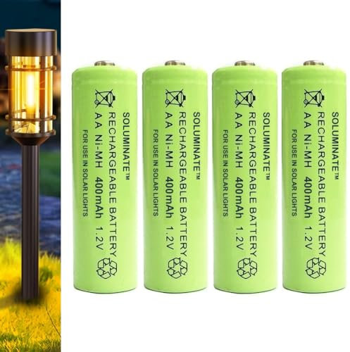 Soluminate AA Solar Light Batteries (400mAh) Size AA 1.2V Rechargeable NiMH for garden solar lights (4-Pack)