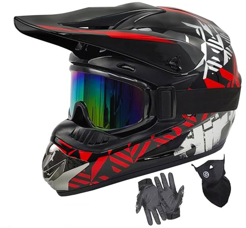 Youth Dirt Bike Helmets DOT Approved Fashion Kids Motocross, ATV, Off-Road, Four Wheelers, BMX Motorcycle Bike Helmets (Goggles Gloves Faceshield) (Red, X-Large)