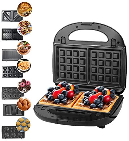 Hoapin Sandwichera 7 en 1, Gofrera, Parrilla Eléctrica con 7 Placas Desmontables Antiadherentes para Tostadas Gofres Panini Bocadillos, Termostato Automático 750W
