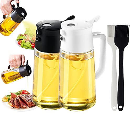 TINMIX 2 Stück Öl-Sprühflasche 500 ml 2-in-1 Olivenölspender und Ölsprühflasche für Kochen, Luftfritteuse, Küchenhelfer, BBQ, Backen, Grillen, Salat, weiß und schwarz