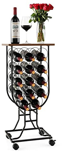 COSTWAY Portabottiglie per Vino con Ruote Staccabili e Bloccabili, Cantinetta Vino Stile Rustico per 14 Bottiglie, con Piano in Legno e Struttura in Metallo, Mobile Bar per Soggiorno e Cucina