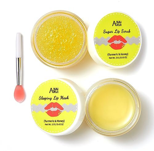 ANAiRUi Lippenpflegeset - lippenpeeling und Lippenbalsam-Maskenset - lip scrub and lippenpflege maske - Peeling und Feuchtigkeitscreme für trockene, rissige, schälende Lippen (Kurkuma + Honig)
