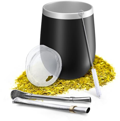Aquafloow Taza de Doble Pared Yerba Mate 350 ml + 2 Pajitas de Acero Maté Bombilla, Set de Argentino Maté Yerba | Tapa Libre de BPA, Juego de Té de Acero Inoxidable para Yerba – Negro