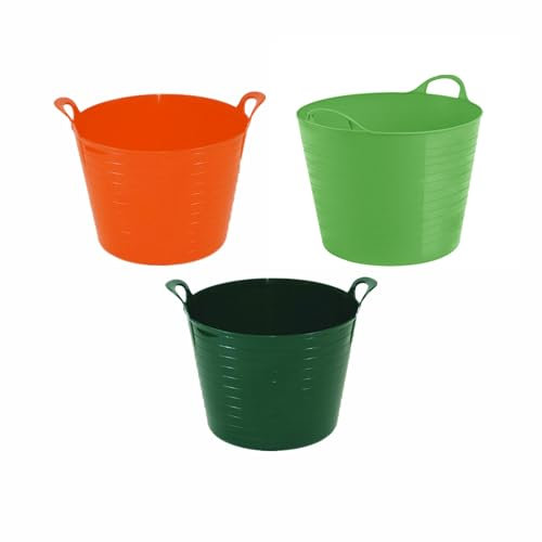 Set of 3- 26l Litre Flexi Tub Medium Size Bucket Storage Container Basket Flexible Trug Colourful Planter Rubber Flexi Round Tub For Home Garden MADE IN U.K (Orange, Dark Green & Lime Green)