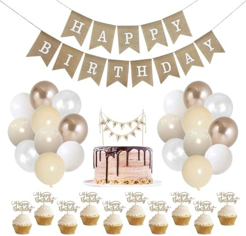 Happy Birthday Linen Party Decorations, Premium Reuseable, Happy Birthday Banner, Cake Topper, Cupcake Toppers x10, Balloons x20, Decoration Set for Birthday Parties - Neutral