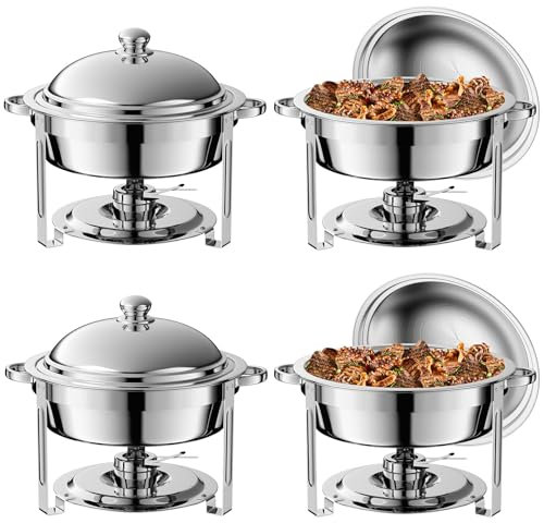4 Pack Round Chafing Dish Buffet Set,Stainless Steel 8QT Round Buffet Servers and Warmers, Thick Stand Frame Catering Chafe with Mirror Covers,Food Warmer for Party, Weddings,Picnic
