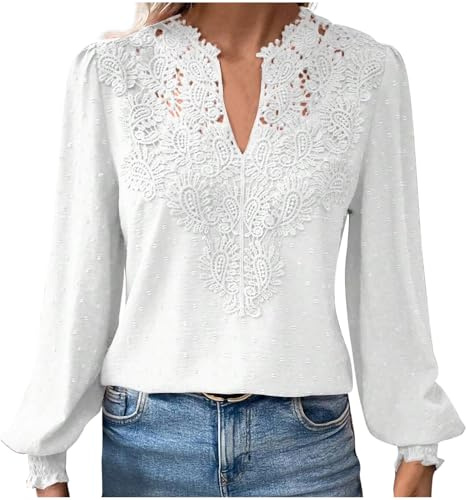 HAOLEI Long Sleeve Tops for Women UK Elegant Petite Lace V Neck Blouse Shirts Plain Swiss Dot Tunic Tops Dressy Casual Outfits Work Y2K Clothes Going Out Tops Ladies Sale Clearance Size 8-16 White