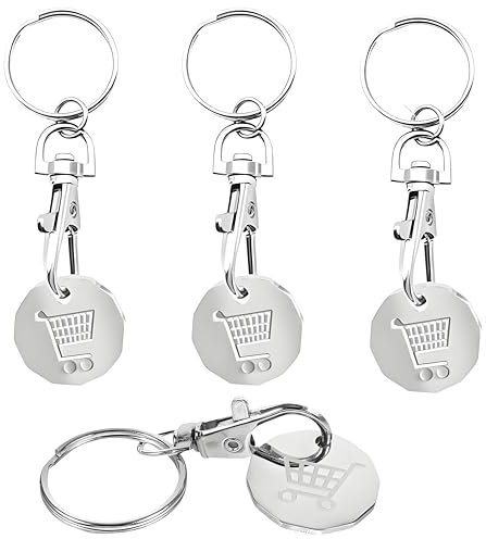 4Pcs Shopping Trolley Token Keyrings, Supermarket Cart Trolley Key, UK Solid Metal