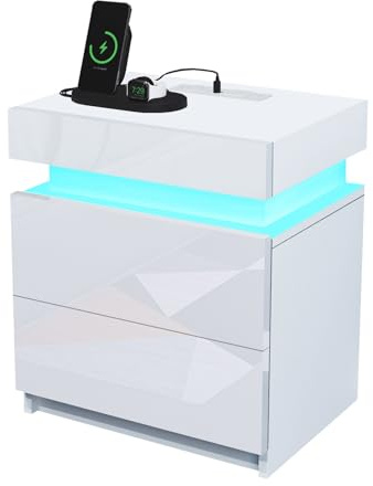 Komtopod Bedside Table with UK Plug & 2 USB Ports, Flip Cover and 2 Spacious Drawers, 16 Colour LED Lights, High Gloss Front, Multi-Functional Nightstand, Sofa Table & Living Room Storage, White