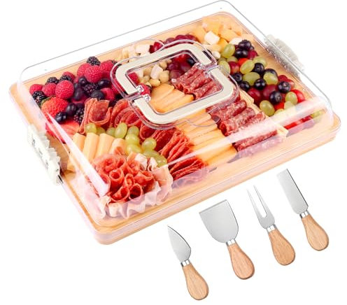 CAWIU Charcuterie Board with Lid and Handle - Portable Travel Design Bamboo Cheese Board Set with 4 Cheese Tools, Gift for Housewarming, Weddings, Picnics(6 Compartments, White)