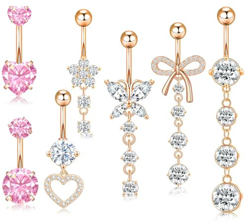 Irikdescia Set di 7 piercing ombelicale lungo, acciaio chirurgico argento rosa, design di farfalle e cuori appesi, piercing ombelicale a fiore, set di piercing ombelicale, L