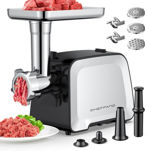 CHEFFANO Life Electric Meat Grinder, Stainless Steel Sausage Stuffer Maker With 2 Blades, 3 Plates, Sausage Tube & Kubbe Kit, [2000W Max] Heavy Duty for Home Use