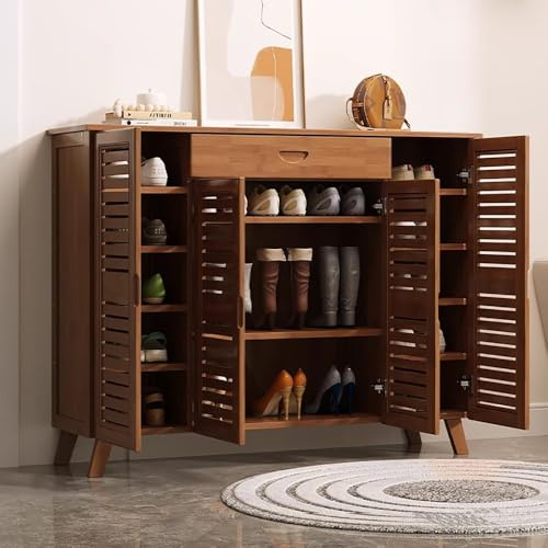 angrounps Mueble Zapatero de 4 Puertas,Armario de 4 Niveles para Zapatos,Mueble Auxiliar con Cajón y Estantes Ajustables para Entrada de Salón 127x33x90cm