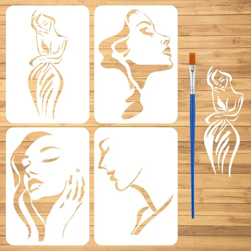 FINGERINSPIRE 4 plantillas minimalistas para pintar con pincel, 21 x 29,7 cm, plantilla de dibujo con patrón de mujer de belleza, arte moderno, plantilla de bricolaje para pintar en madera, pared