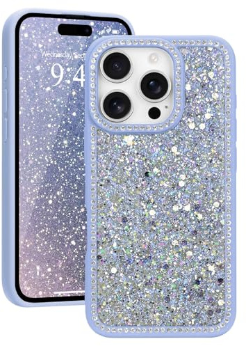 Ethanger Glamorous Glitter Case for iPhone 16 Pro Max, Soft Flexible Cover with Sparkling Rhinestone Bling Crystal for Women Girls Sparkling Shockproof Protective Border for iPhone 16 Pro Max, Purple
