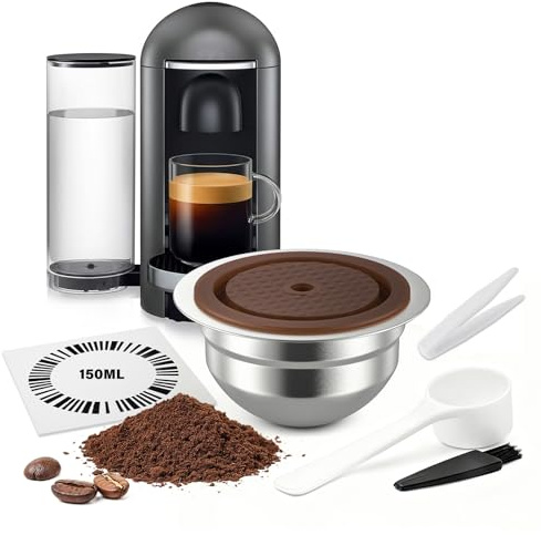 FOVNOT Återanvändbar Ve-tuo Kapslar Påfyllbar Kaffe Skida Mat Kvalitet Silikon Lock Rostfri Stål Kaffe Kapsel Kompatibel med Nes-esso Ve-tuo Plus/Pop/Nästa Maskiner (150mL)